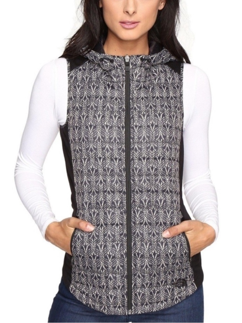 The North Face Black White Patterned Thermoball Hooded Vest